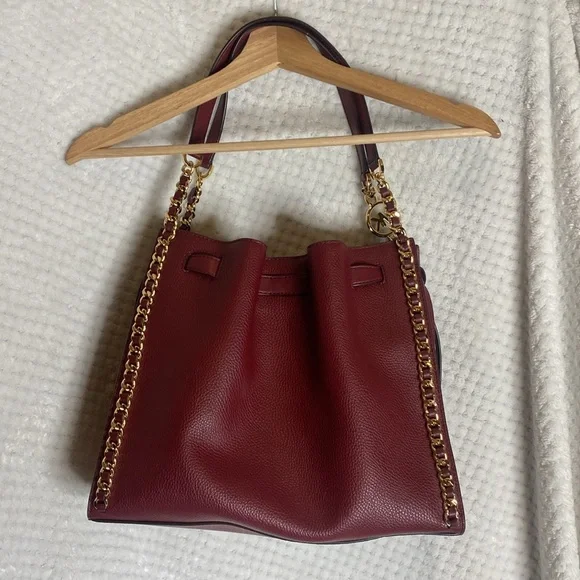 Michael Kors Dark Cherry Leather Shoulder Bag with Gold Accents